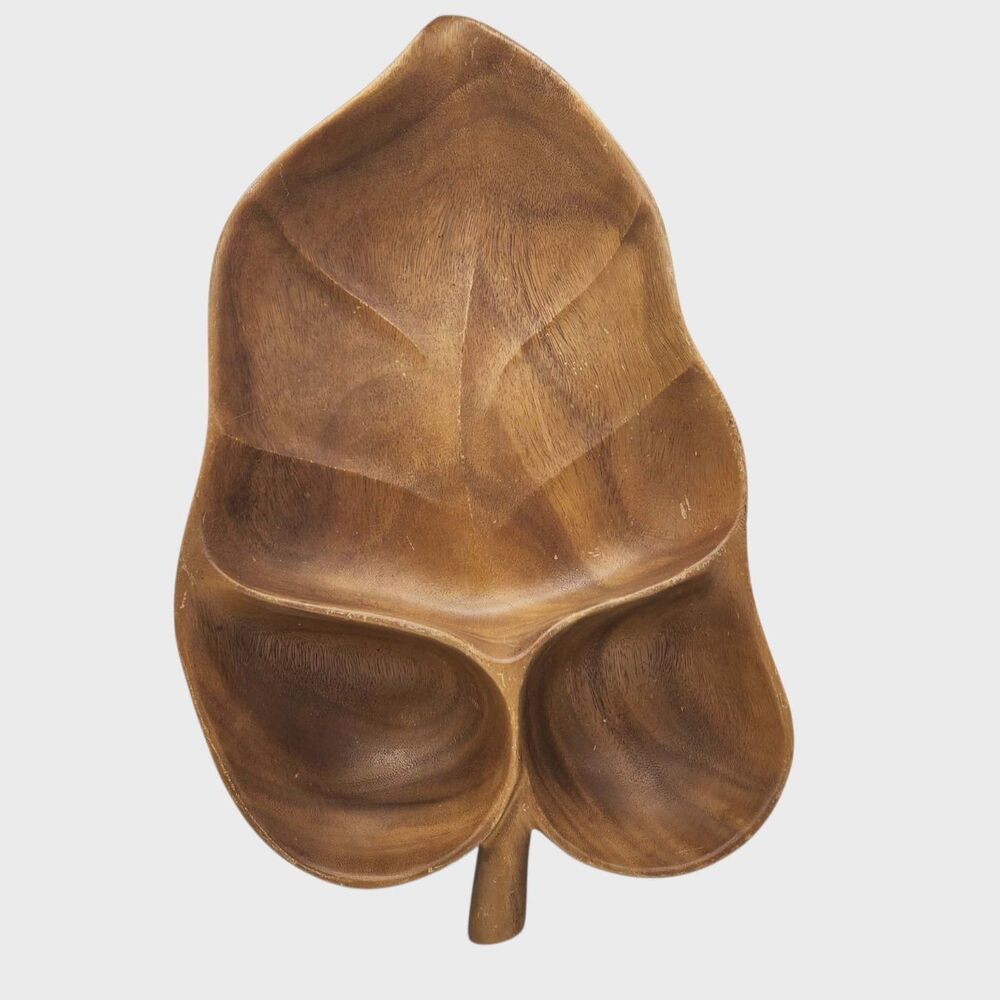 Vtg MCM Monkey Pod Wood Leaf Serving Tray Divided Dish Bowl Handmade Philippines